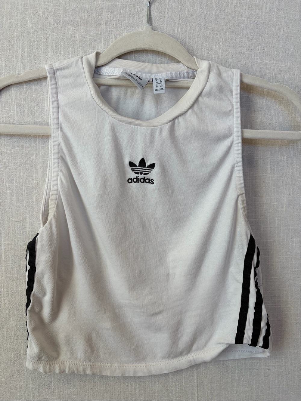 adidas White Cropped Tank Top with Black Trefoil and Side Stripes